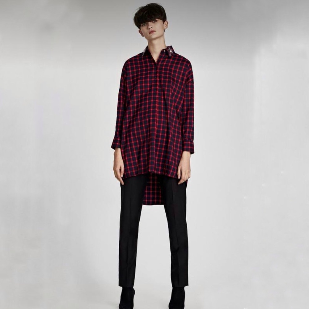 Zara Plaid Beaded Collar Oversized Pullover‎ Tunic Shirt Dress Red Blue XS